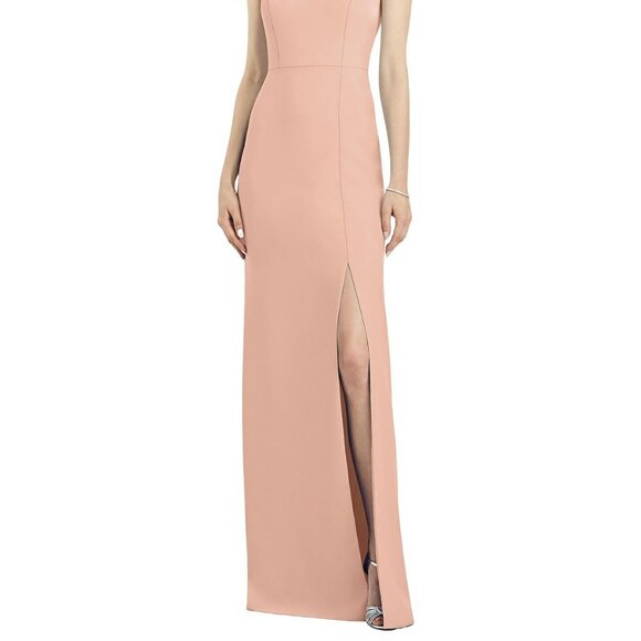 After Six 6822..Spaghetti Strap V-Back Crepe Gown with Front Slit...Peach...Sz 4 - Picture 2 of 7